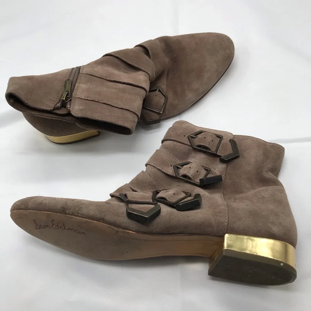 Sam Edelman Nolan tan moto style buckle ankle boots gold metal heel size 6 M
